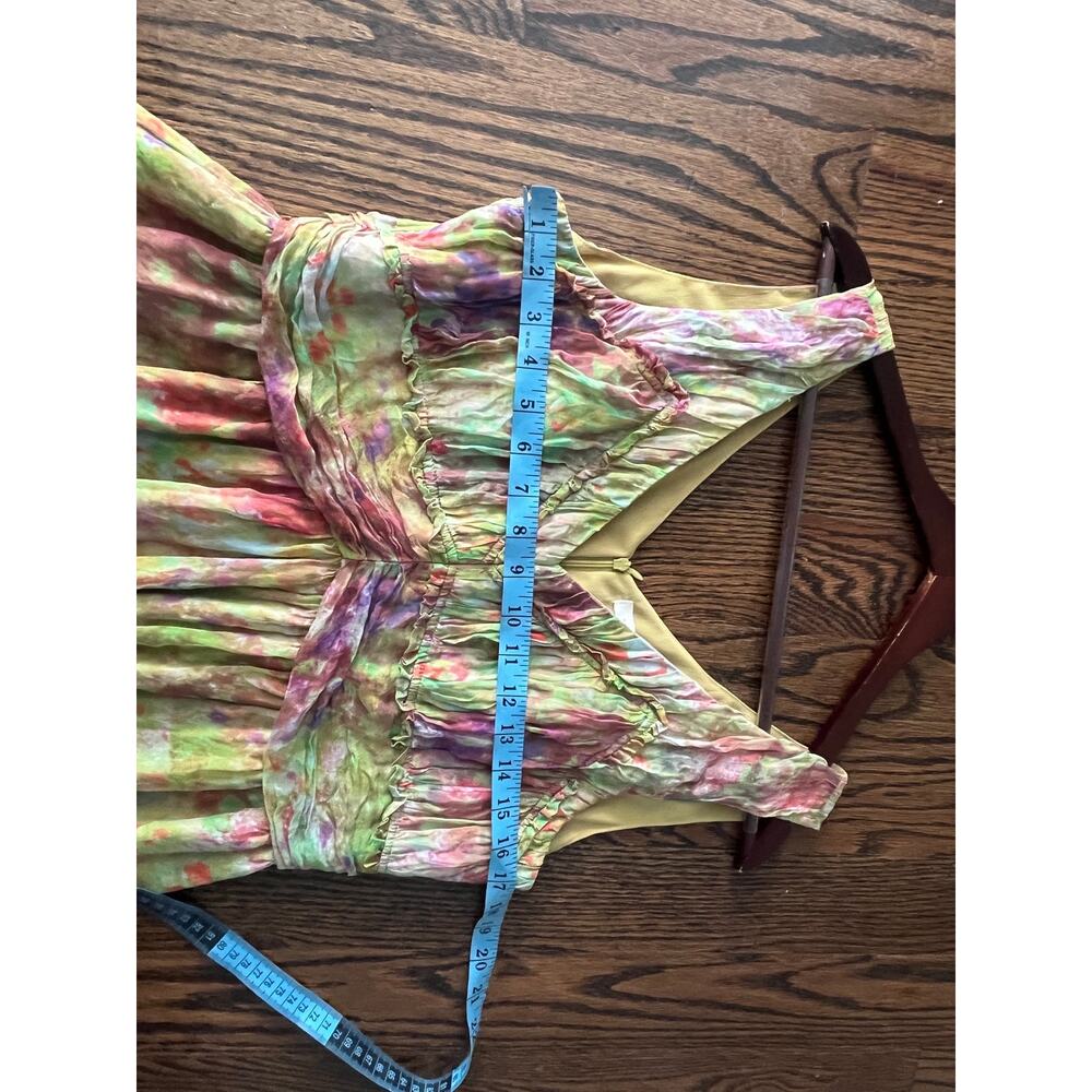 Sundance 100% Silk Dress 10 Watercolor Floral Green Pink Fit Flare Midi V-Neck - Picture 6 of 8